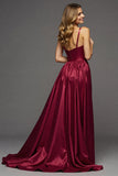 Burgundy A Line V-Neck Long Satin Prom Dress with Slit