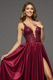 Burgundy A Line V-Neck Long Satin Prom Dress with Slit