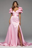 Pink Satin Mermaid Ruffled Maxi Prom Dress with Slit