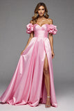 Pink A Line Ruffled Satin Maxi Prom Dress with Slit