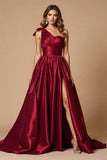 Burgundy Satin A Line One Shoulder Maxi Prom Dress with Slit
