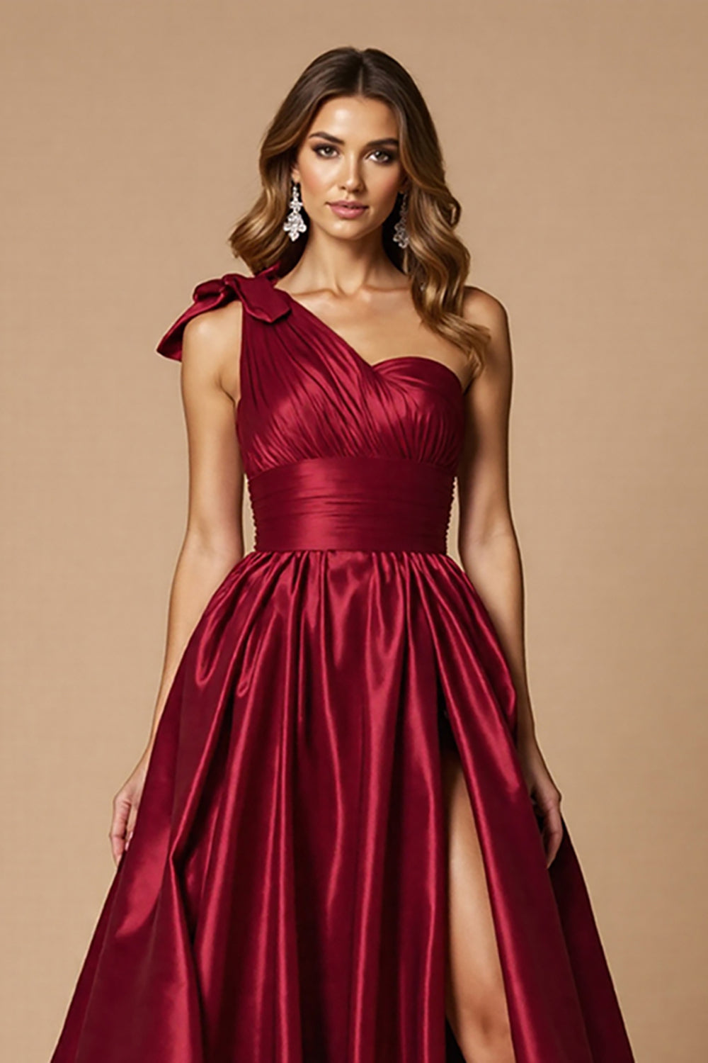 Burgundy Satin A Line One Shoulder Maxi Prom Dress with Slit