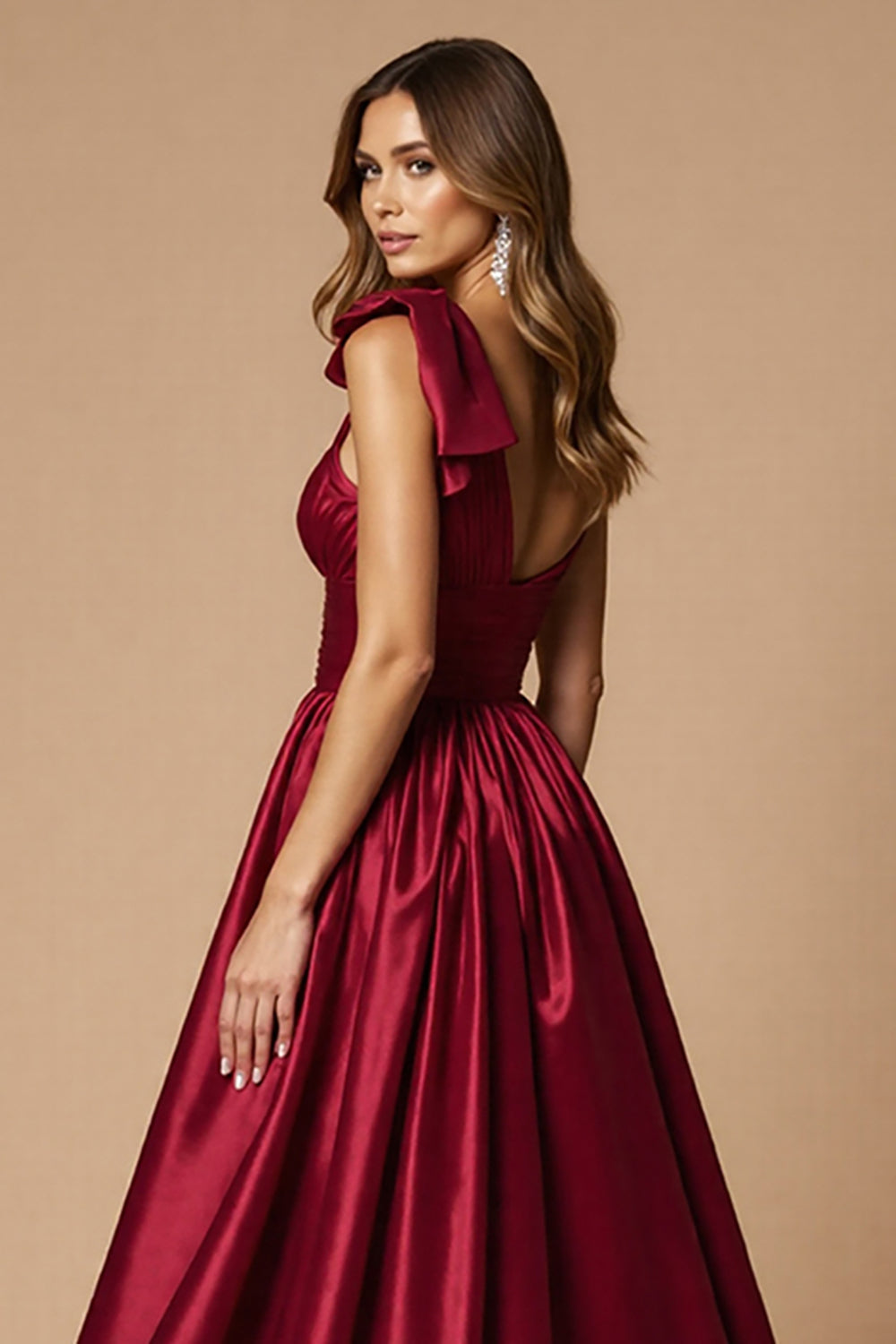 Burgundy Satin A Line One Shoulder Maxi Prom Dress with Slit