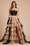 Black and Pink Strapless Tulle Ball Gown Maxi Prom Dress with Slit