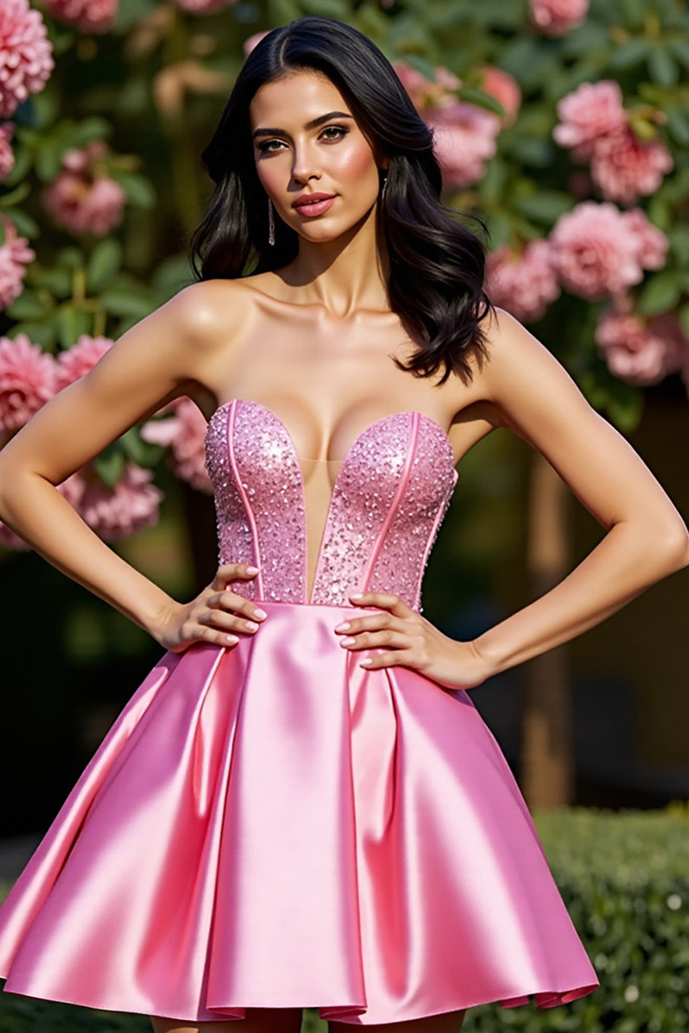 Sparkly Pink A Line Satin Mini Corset Prom Dress with Rhinestone