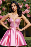 Sparkly Pink A Line Satin Mini Corset Prom Dress with Rhinestone