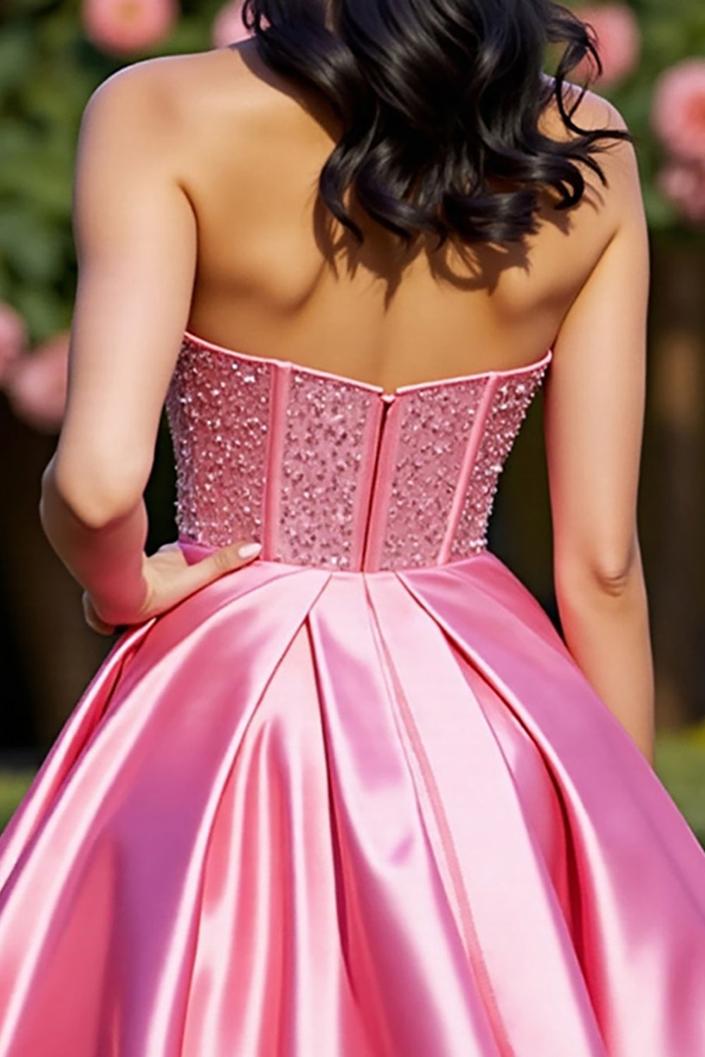 Sparkly Pink A Line Satin Mini Corset Prom Dress with Rhinestone