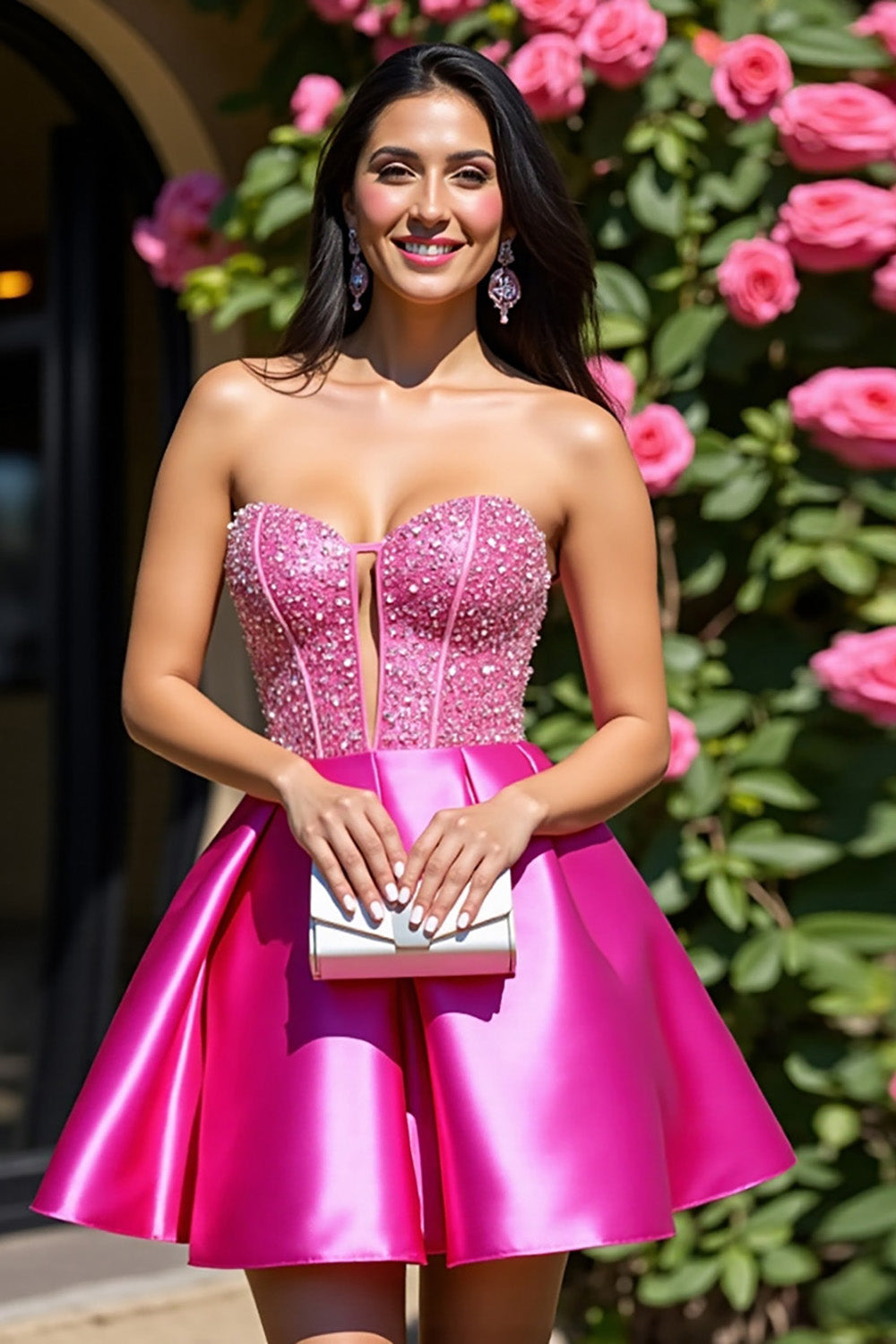 Sparkly Fuchsia A Line Corset Mini Satin Prom Dress with Rhinestone
