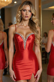 Sparkly Red Tight Corset Mini Satin Prom Dress