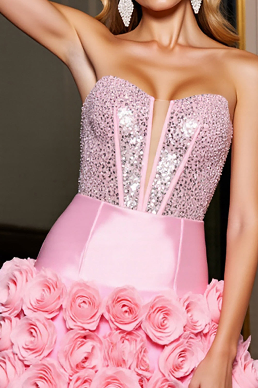 Sparkly Pink Tight Corset Mini Satin Prom with Flowers