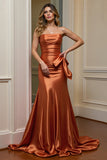 Orange Satin Strapless Maxi Formal Dress with Ruffles