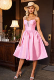 Satin Midi Pink Ruched A Line Prom Dress
