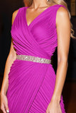Sparkly V Neck Ruched Fuchsia Tight Beaded Short Prom Dress