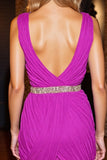Sparkly V Neck Ruched Fuchsia Tight Beaded Short Prom Dress