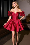 Off the Shoulder Burgundy A Line Short Satin Prom Dress with Ruffles