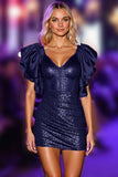 Sparkly V Neck Navy Corset Sequin Short Prom Dress with Ruffles