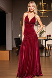 Burgundy Sheath Spaghetti Straps Ruched Maxi Velvet Formal Dress