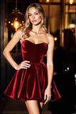 Strapless Burgundy Corset Velvet A Line Short Prom Dress