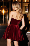 Strapless Burgundy Corset Velvet A Line Short Prom Dress