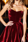 Strapless Burgundy Corset Velvet A Line Short Prom Dress