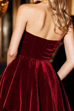 Strapless Burgundy Corset Velvet A Line Short Prom Dress