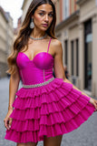 A Line Tiered Fuchsia Short Prom Dress with Ruffles