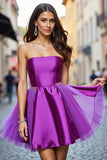 Dark Purple A Line Satin Strapless Short Prom Dress