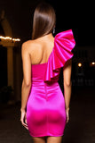 Tight Fuchsia Satin One Shoulder Mini Prom Dress with Ruffles