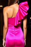 Tight Fuchsia Satin One Shoulder Mini Prom Dress with Ruffles