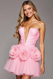 Pink Corset A Line 3D Flowers Tulle Short Prom Dress