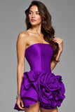 Strapless Dark Purple Floral Satin Ruffled Mini Prom Dress