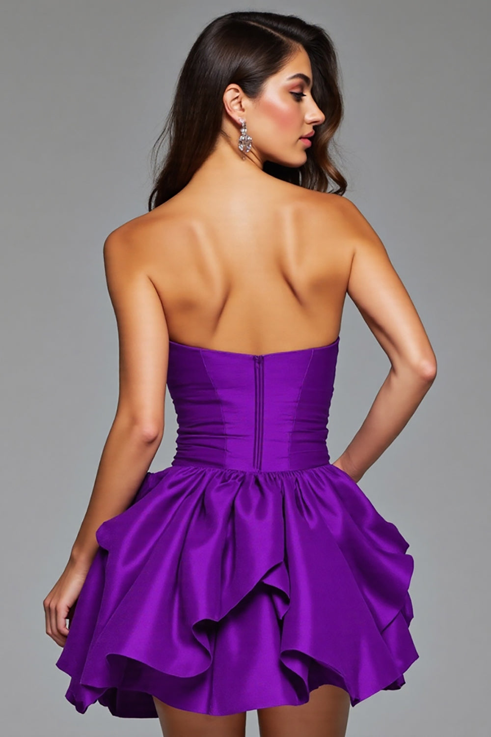 Strapless Dark Purple Floral Satin Ruffled Mini Prom Dress