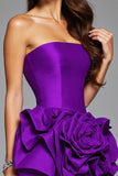 Strapless Dark Purple Floral Satin Ruffled Mini Prom Dress