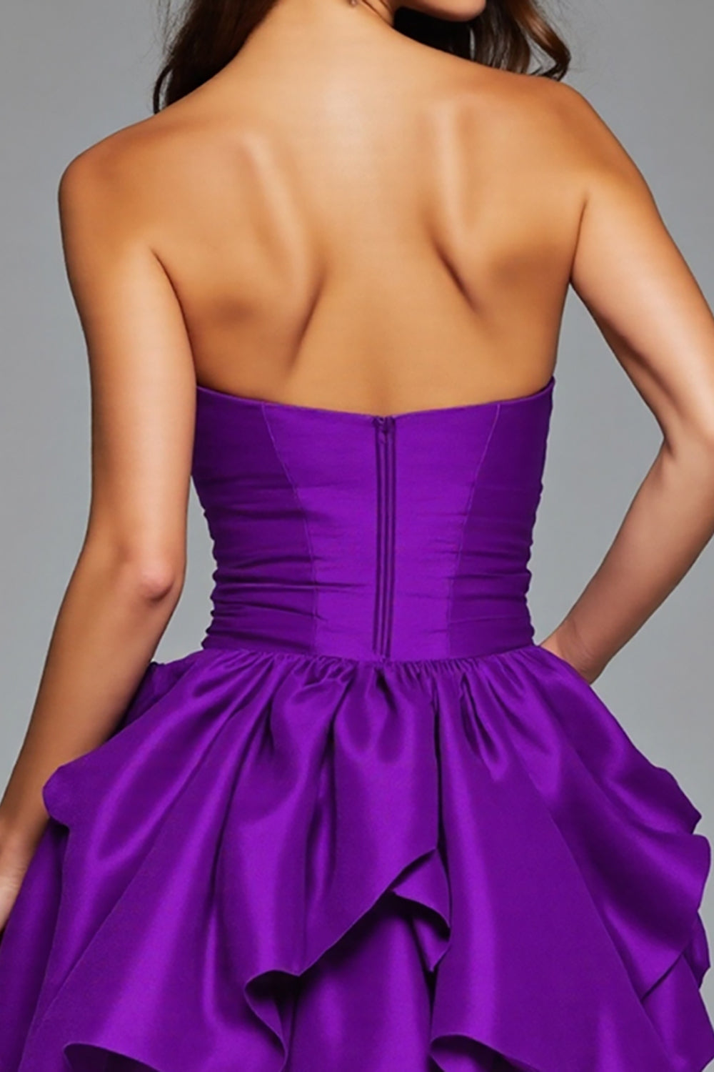 Strapless Dark Purple Floral Satin Ruffled Mini Prom Dress