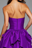 Strapless Dark Purple Floral Satin Ruffled Mini Prom Dress