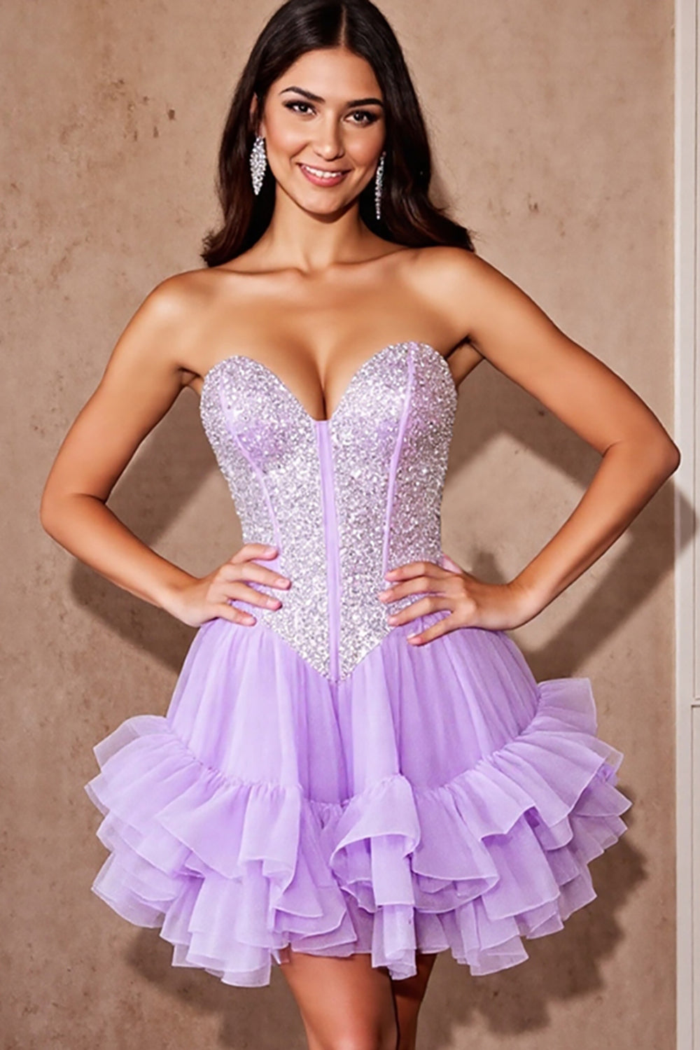 Sparkly Lilac Tulle Corset Short Ruffled Prom Dress with Sequins