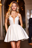 Sparkly White Satin A Line V Neck Short Prom Dress with Beading