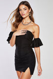 Black Satin Strapless Bodycon Mini Prom Dress with Ruffles