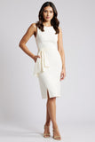 White Midi Ruffled Satin Bodycon Work Dress with Slit
