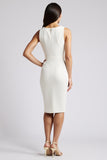 White Midi Ruffled Satin Bodycon Work Dress with Slit