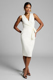 White Satin V-Neck Tie Front Midi Work Dress