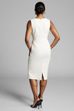 White Satin V-Neck Tie Front Midi Work Dress