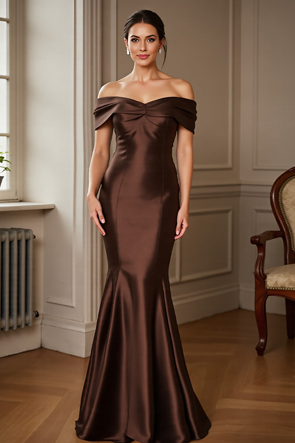 Brown Satin Off the Shoulder Mermaid Maxi Mother of the Bride Dress