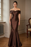Brown Satin Off the Shoulder Mermaid Maxi Mother of the Bride Dress