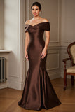 Brown Satin Off the Shoulder Mermaid Maxi Mother of the Bride Dress