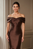 Brown Satin Off the Shoulder Mermaid Maxi Mother of the Bride Dress