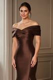 Brown Satin Off the Shoulder Mermaid Maxi Mother of the Bride Dress