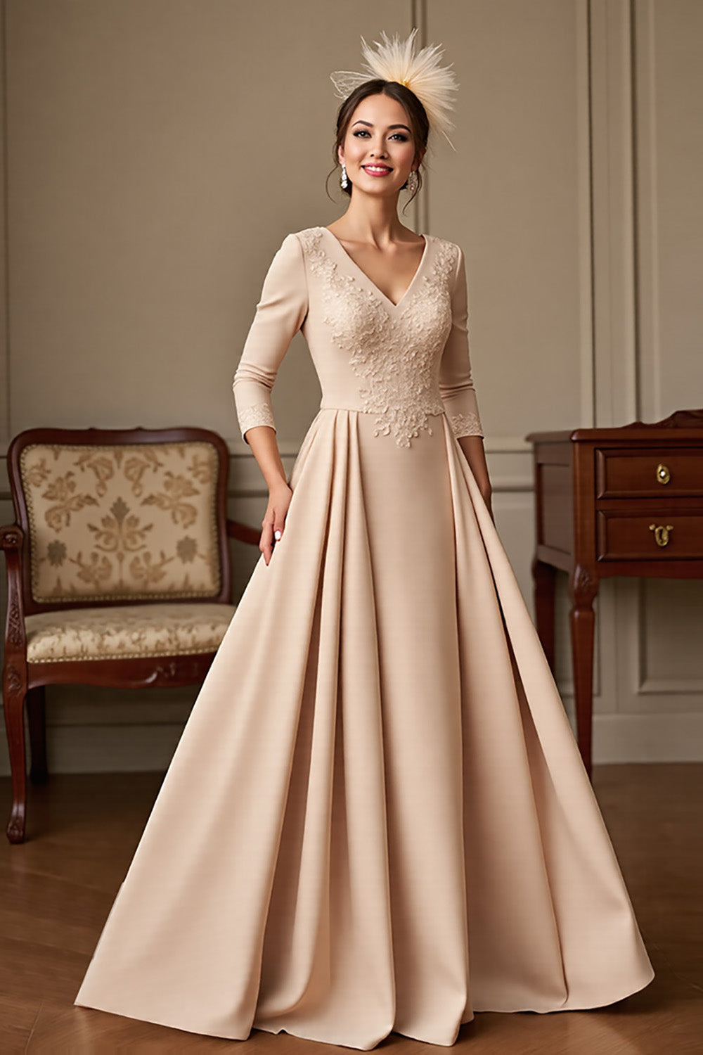Apricot A Line V-Neck Satin Maxi Mother of the Bride Dress with Lace Appliques