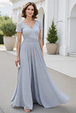 Sparkly Silver A Line V-Neck Chiffon Maxi Mother of the Bride Dress
