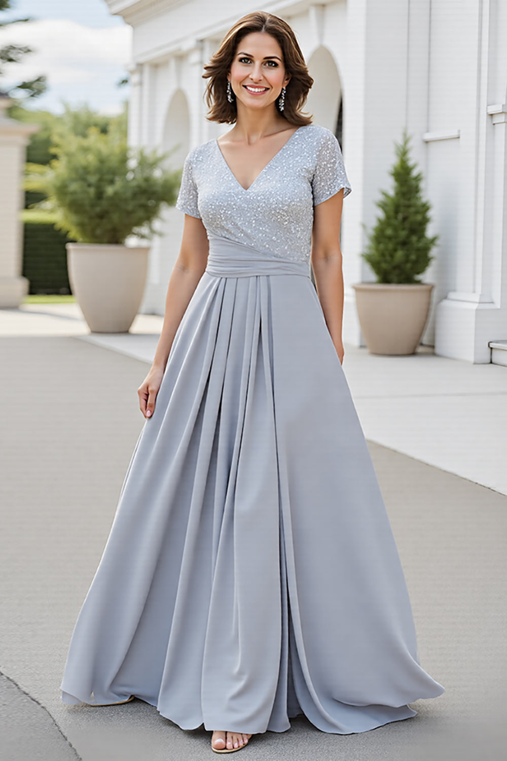 Sparkly Silver A Line V-Neck Chiffon Maxi Mother of the Bride Dress
